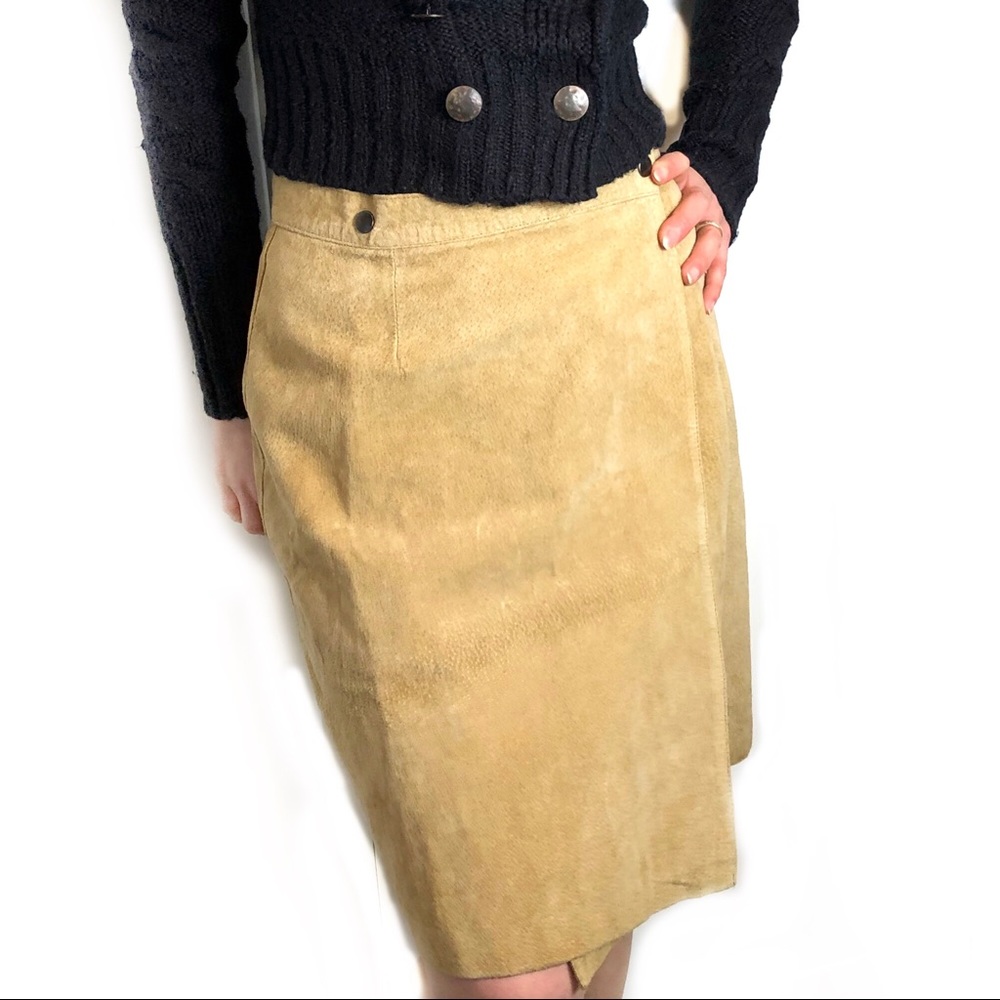 VINTAGE tan suede warp midi leather skirt